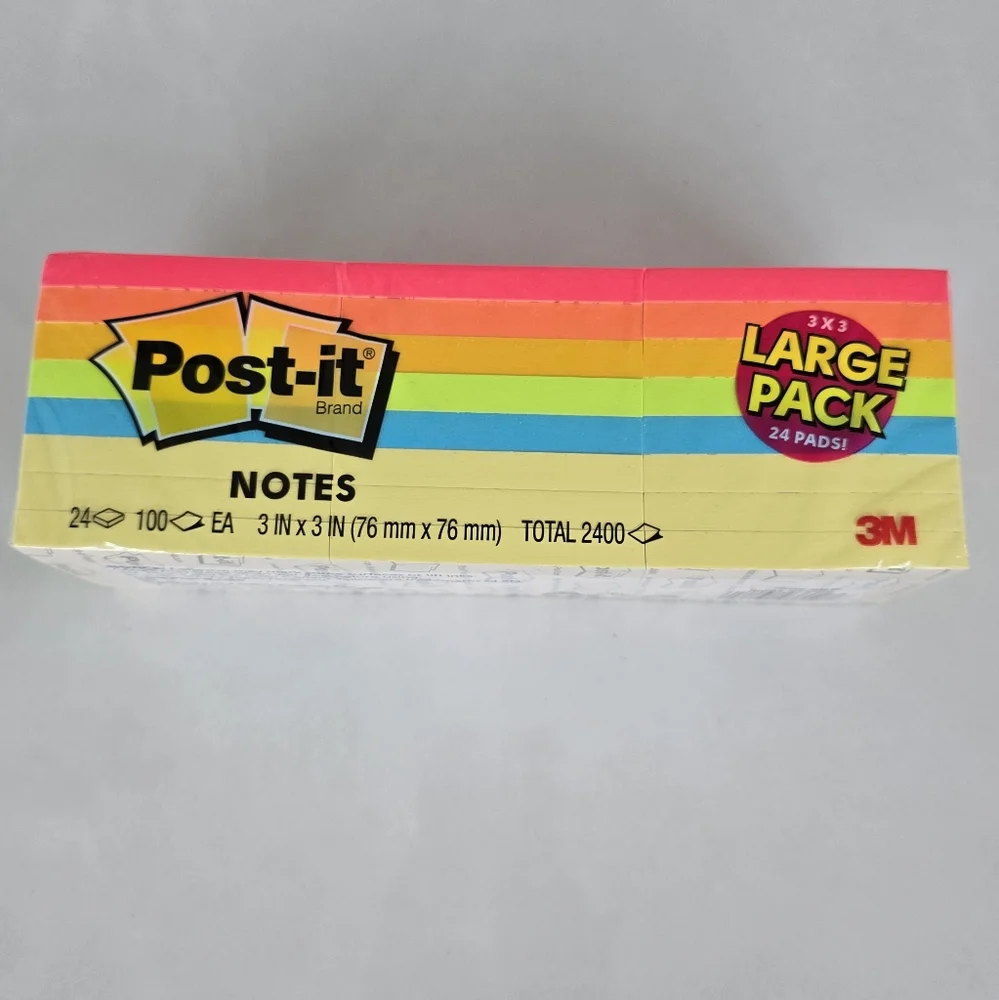 NWT Post-it Notes Large Pack Of 24 Pads - Pink, Orange, Yellow, Green And Blue